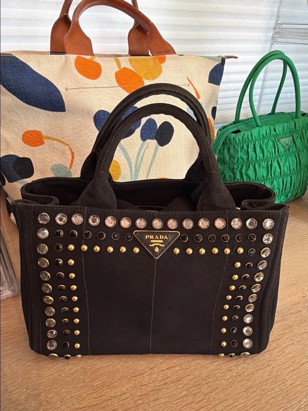 Prada Black Studded Canapa Tote
